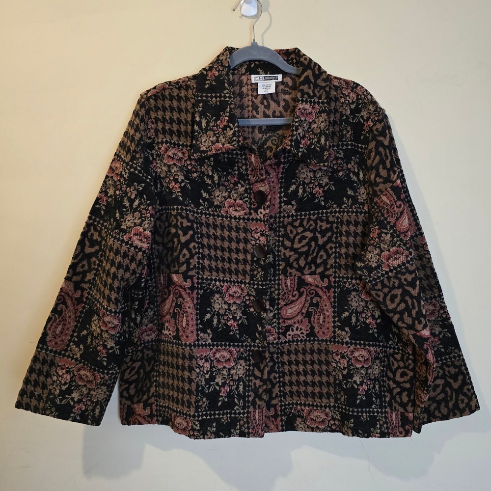 Vintage 90s C.M. Shapes Jacket Women 22W Black Patchwork Paisley Floral Tapestry